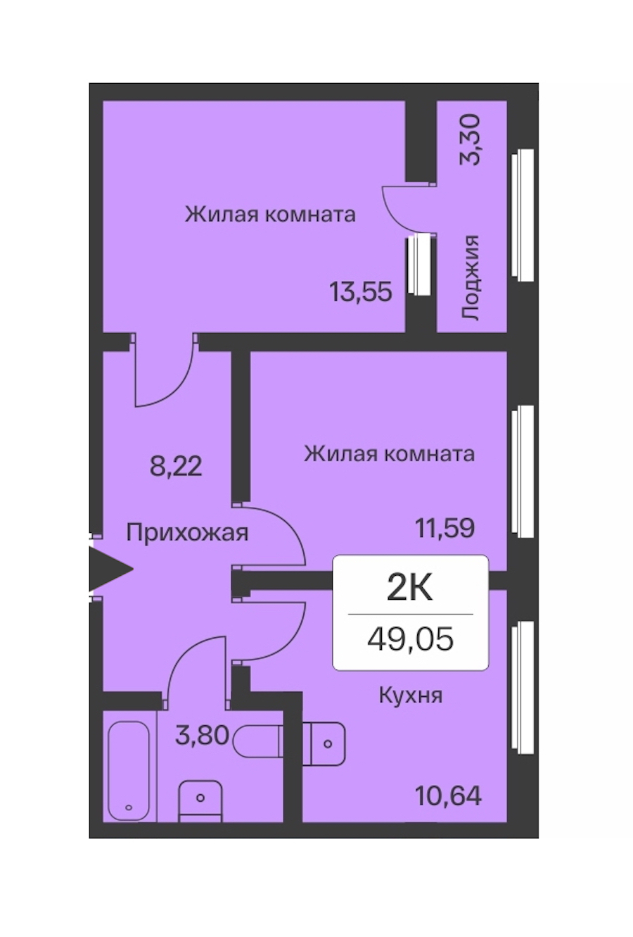 2-комнатная квартира 49.05 м², 10/10 эт., ЖК «Расцветай в Янино»